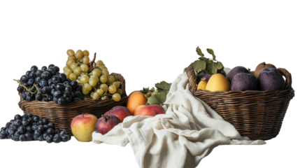 Two woven baskets filled with assorted fresh fruits, including grapes, apples, and oranges, draped with a light cloth, on a white isolated background.