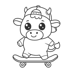 Cute cow wearing a hat and skateboarding for coloring