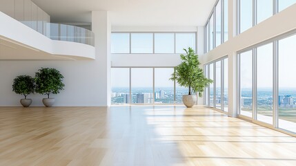 Obraz premium Luxury hotel interior showcasing exclusive architecture. Spacious modern interior with large windows and plants.