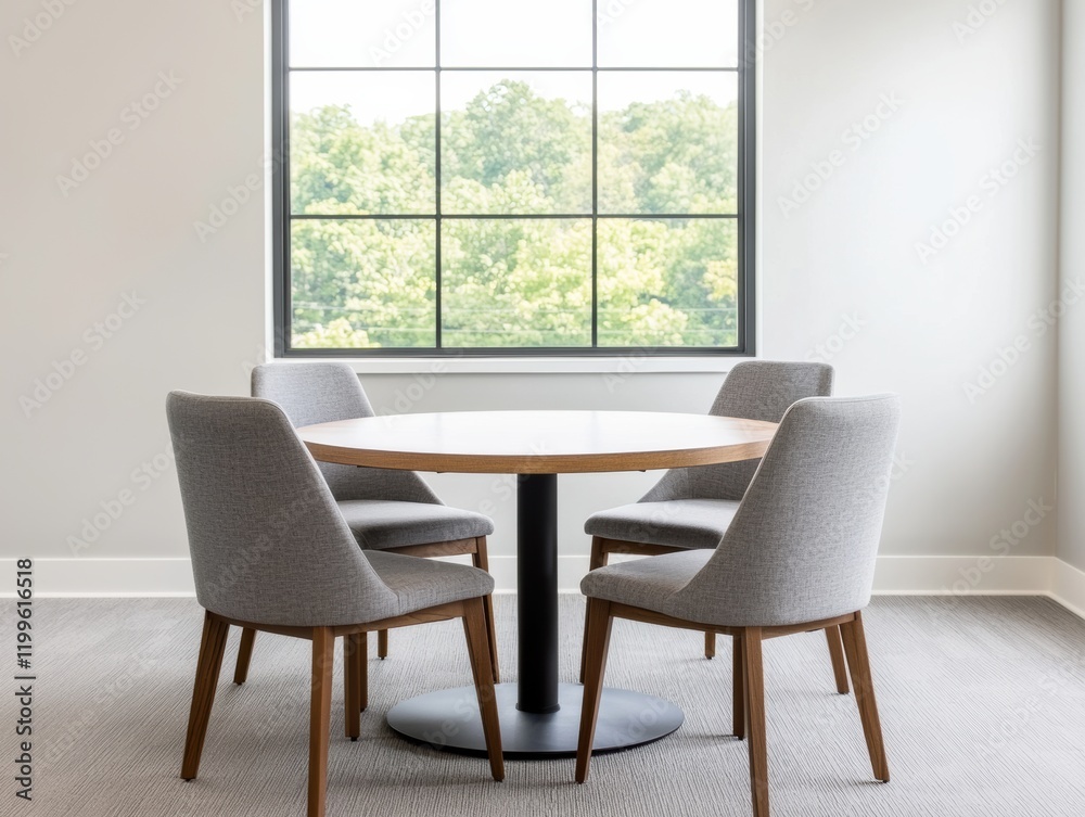 Poster Round table and chairs in a bright office space facing a window with trees