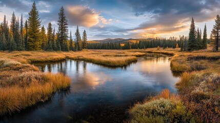 Fototapeta premium Serene Autumn River Reflecting Sunset Skies Through Pines