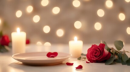 Romantic Dinner Setting with Candles and Rose