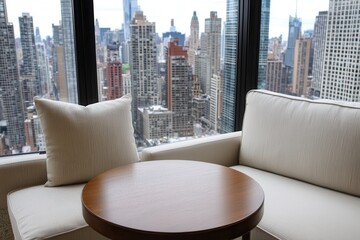 Luxury hotel interior showcasing exclusive architecture. City view from a stylish lounge area with modern furnishings.