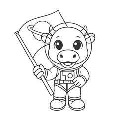 Cute cow wearing an astronaut jacket and carrying a flag for coloring