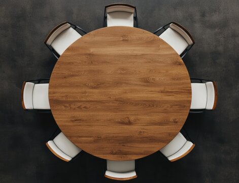 Round wooden table with six chairs in a modern conference room, top view