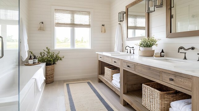 bathroom plumbing storage. A modern, airy bathroom featuring a double vanity, natural wood accents, a soaking tub, and plants for a refreshing ambiance.