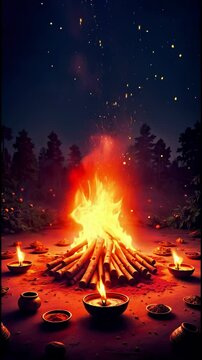 Fire Burning Bonfire For Holika Dahan Choti Holi Celebration Festive Background 