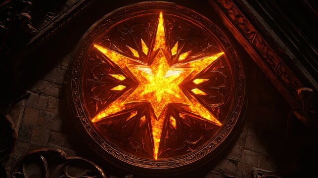 Fiery Star Emblem in Ornate Stonework Glowing Embossed Symbol Medieval Architecture Detail