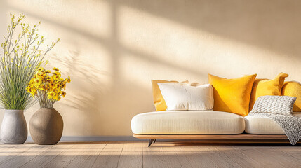 Cozy living room with modern furniture and vibrant yellow accents in bright natural light