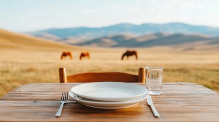 Fototapeta premium Enjoying a meal in nature with horses grazing in the background