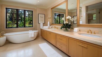 Fototapeta premium bathroom plumbing storage. A luxurious bathroom featuring a freestanding tub, dual sinks, elegant mirrors, and large windows overlooking a serene garden.