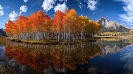 Naklejka premium Autumn Aspen Grove Reflecting In Calm Mountain Lake