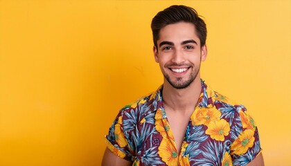 Fototapeta premium Smiling man in floral shirt against yellow background 