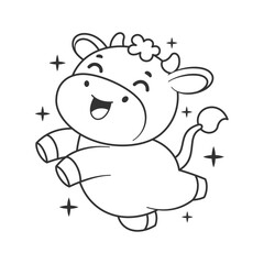 Cute cow jumping because it feels happy for coloring