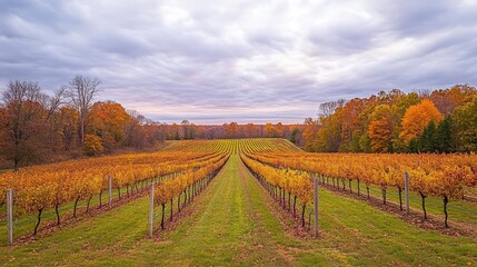 Naklejka premium Autumnal Vineyard Rows Under Cloudy Sky