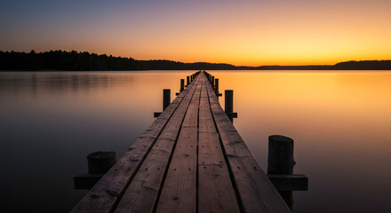 Fototapeta premium An elevated wooden path that stretches into the lake, set against the backdrop of a stunning sunset and the shadowy contours of a forest.