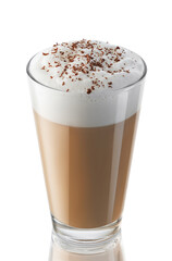 cappuccino in glass with grated chocolate sprinkles isolated on white