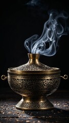 Close-up dramatic photo of a mabkhara emitting smoke on the table which was used by ancient people as a room freshener.