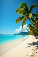 Fototapeta premium Warm sandy beach with swaying palm trees and crystal clear turquoise water , water, summer
