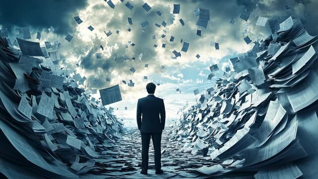 Businessman Facing a Mountain of Paperwork, person, documents, files, papers, overwhelmed