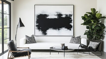 Modern Living Room Decor Featuring Abstract Black White Artwork