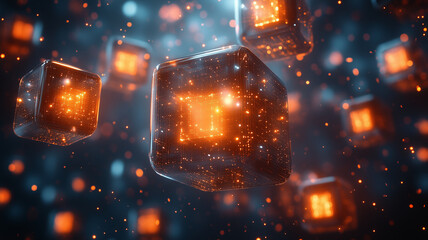 Floating cubes with glowing orange accents and digital background create futuristic atmosphere. vibrant colors and intricate details evoke sense of technology and innovation