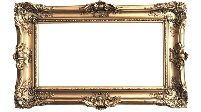 Ornate Gold Frame: An elegant, rectangular gold picture frame with intricate carvings and a distressed finish, perfect for showcasing cherished memories or artwork.