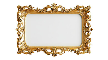 Ornate Gold Frame: A close-up shot of an ornate gold frame, its intricate details and elegant curves evoke a sense of grandeur and sophistication. The frame is perfectly isolated.