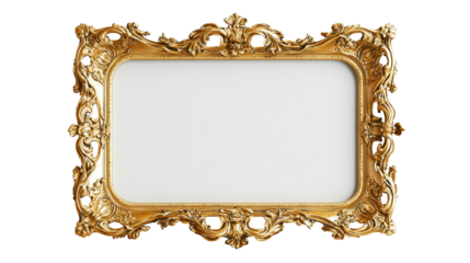 Ornate Gold Frame: A close-up shot of an ornate gold frame, its intricate details and elegant curves evoke a sense of grandeur and sophistication. The frame is perfectly isolated.