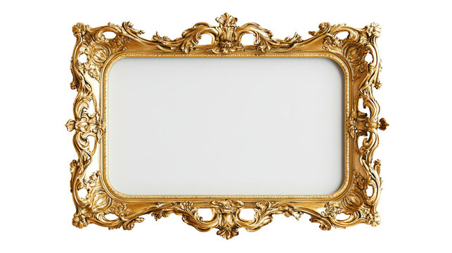 Ornate Gold Frame: A close-up shot of an ornate gold frame, its intricate details and elegant curves evoke a sense of grandeur and sophistication. The frame is perfectly isolated.