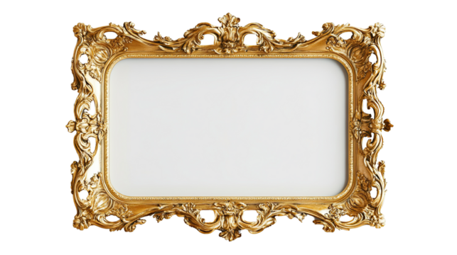 Ornate Gold Frame: A close-up shot of an ornate gold frame, its intricate details and elegant curves evoke a sense of grandeur and sophistication. The frame is perfectly isolated.