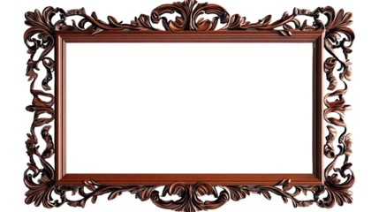 Ornate Wooden Frame: An elegant, rectangular frame with rich brown wood, intricately carved with swirling floral patterns, perfect for adding a touch of classic elegance to your designs.