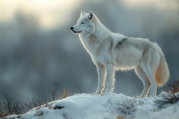 Obraz premium majestic gray wolf stands atop snow-covered ridge against aurora borealis, head tilted skyward in haunting moonlit howl