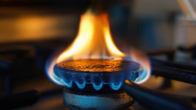 A gas burner ignites with intense blue flames, showcasing the heat source in a kitchen. The flames create a captivating contrast against the burner&rsquo;s surface, emphasizing the cooking process