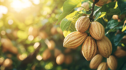 A close-up of cacao pods hanging from a tree branch, glistening under natural sunlight in a tropical farm setting