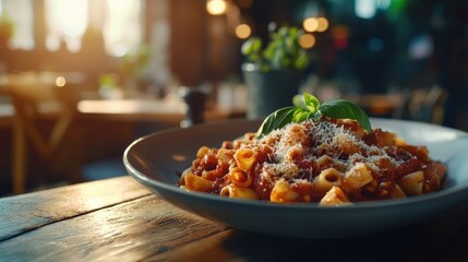 Aromatic Pasta Dish in a Cozy Restaurant Setting
