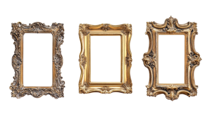 Classic Ornate Frames: A collection of three antique-style gold ornate picture frames with intricate details and a timeless elegance, perfect for framing cherished photographs, artwork.
