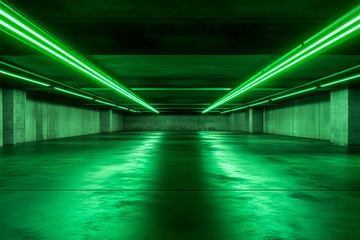 Modern underground concrete hall with green neon lights, empty room background