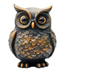 Naklejka premium Decorative bronze owl sculpture with detailed feathers displayed on a white background
