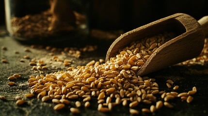 Obraz premium Wooden scoop overflowing with wheat grains on dark surface.
