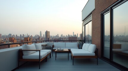 Obraz premium Luxury hotel interior showcasing exclusive architecture. Modern rooftop terrace with city skyline view at sunset.