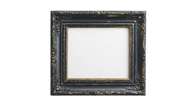 Antique Black Picture Frame:  A square black frame with intricate gold accents and a distressed vintage finish, perfect for showcasing cherished memories or artwork. The frame has a classic.