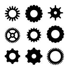 Gears shapes line icons. Flat machine gear icon. Wheel cogwheel vector. Simple outline isolated elements. Black gear.