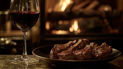 Roasted lamb chops with red wine by fireplace.