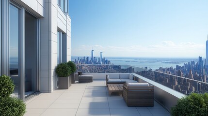 Luxury hotel interior showcasing exclusive architecture. Modern terrace with city skyline view and outdoor seating.