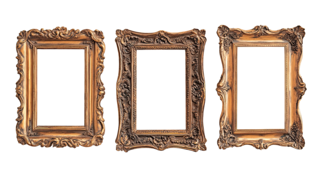 Golden Ornate Frames: Three elegant, ornate golden frames, each with unique detailing, offer a classic and luxurious aesthetic, perfect for showcasing cherished memories or artwork.  