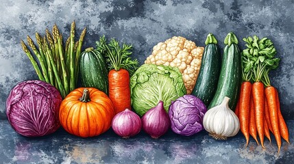 Color sketch set of vegetables: pumpkin, carrot, beetroot, Chinese cabbage, onions, zucchini, asparagus, cauliflower, and tomato.