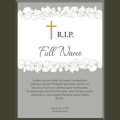 Card template with green flower border and cross, vector illustration