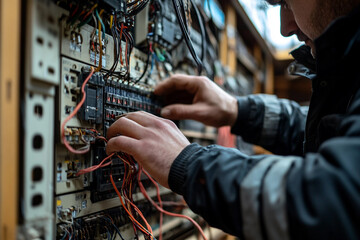 Focused Electrician in Hard Hat Working with Wiring in Industrial Setting, Generative AI
