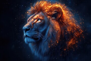 Naklejka premium majestic lion portrait in geometric art style, crowned with constellation patterns, metallic gold and deep space blues